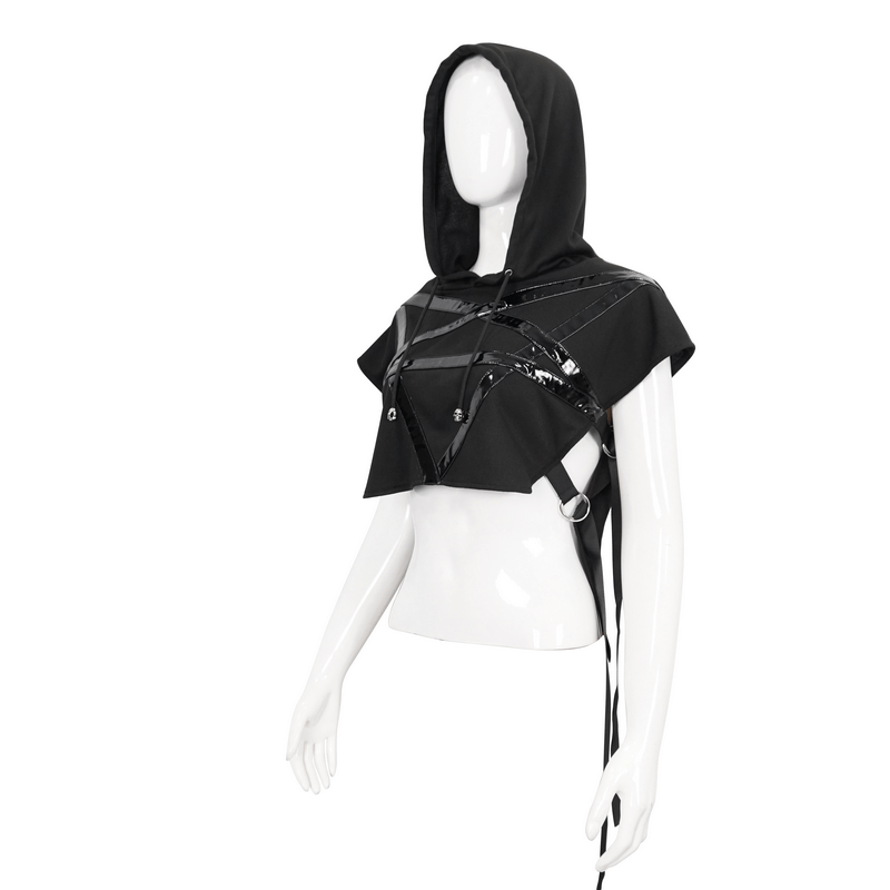 Punk pentagram hooded short top with asymmetric cut and glossy straps for a stylish gothic look.