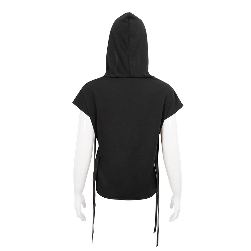 Back view of a black hooded asymmetric short top with short sleeves and side ties, perfect for punk fashion.