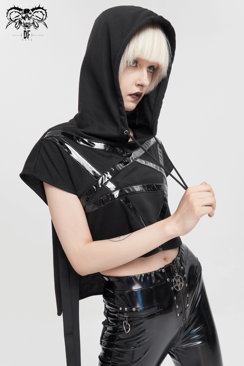 Gothic punk hooded short top with pentagram design and shiny accents, perfect for a unique fashion statement.