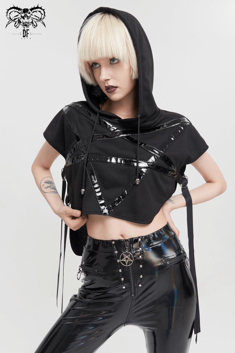 Punk pentagram hooded short top featuring asymmetrical cut and glossy accents, perfect for gothic style outfits.