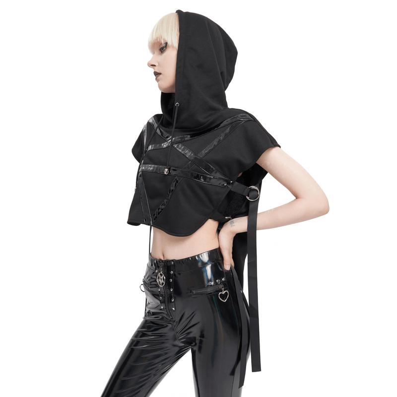 Gothic asymmetrical hooded short top featuring a pentagram design and stylish straps, perfect for punk fashion lovers.