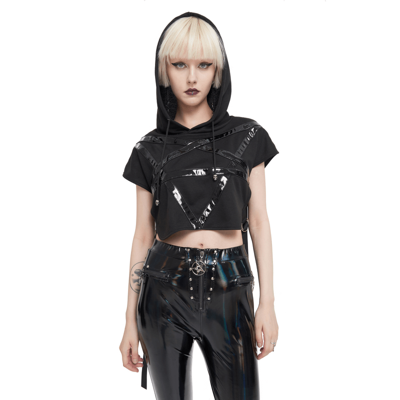 Punk pentagram hooded short top in black, showcasing asymmetric style and edgy design for a bold gothic look.