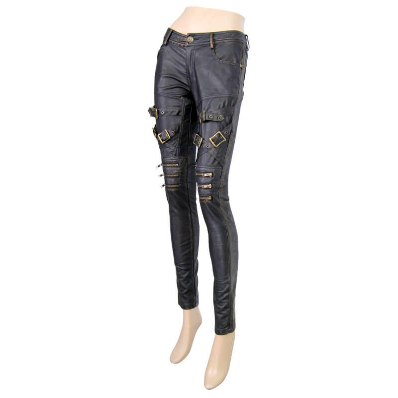 Punk PU leather leggings for women featuring stylish buckles and rivets for a vintage motorcycle look.