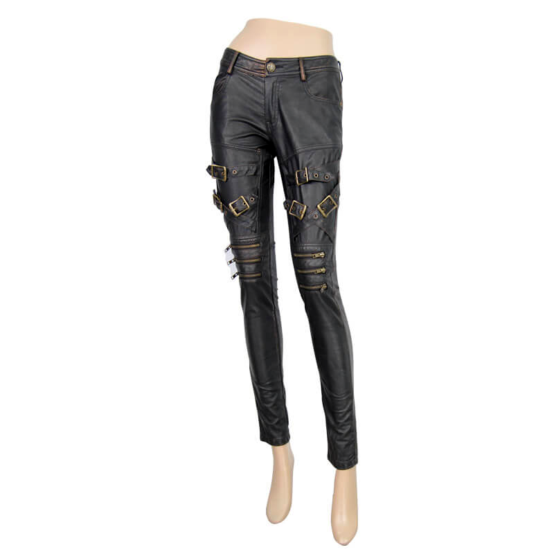 Stylish women's punk PU leather leggings with buckles, perfect for a vintage motorcycle look.