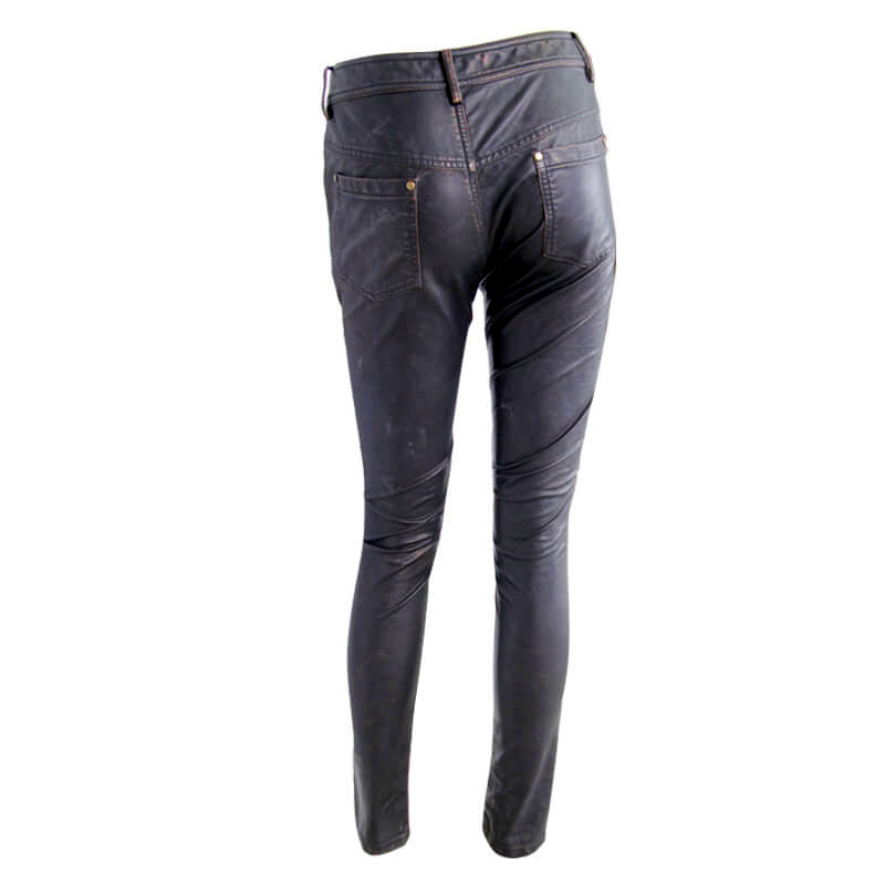 Punk PU leather leggings for women, featuring a tight fit, bronze rivets, and stylish back view.