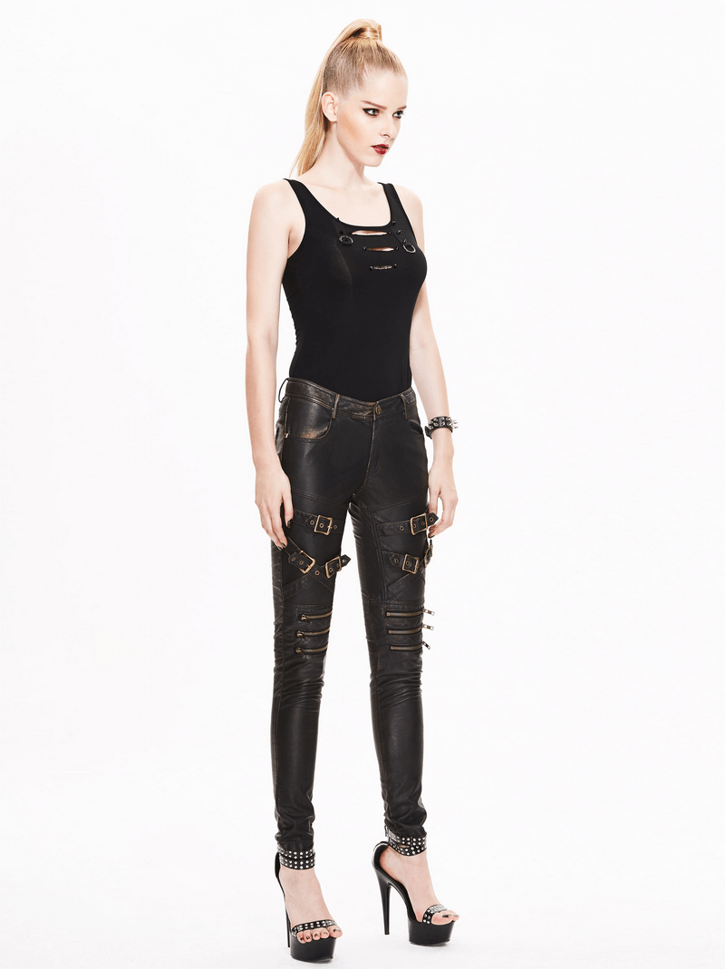 Punk PU leather leggings with buckles worn by model, showcasing a stylish vintage motorcycle look.