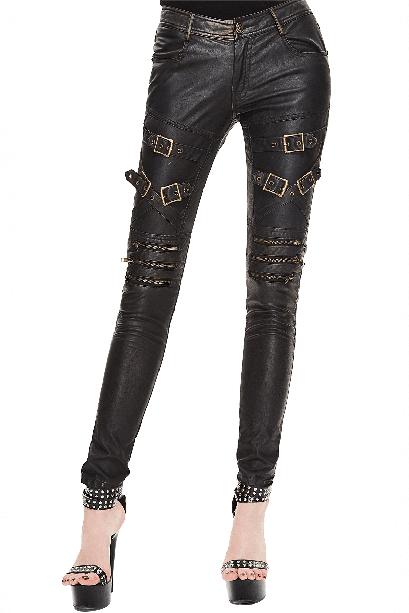 Punk PU leather skinny trousers for women, featuring bronze buckles and rivets, perfect for a stylish edgy look.