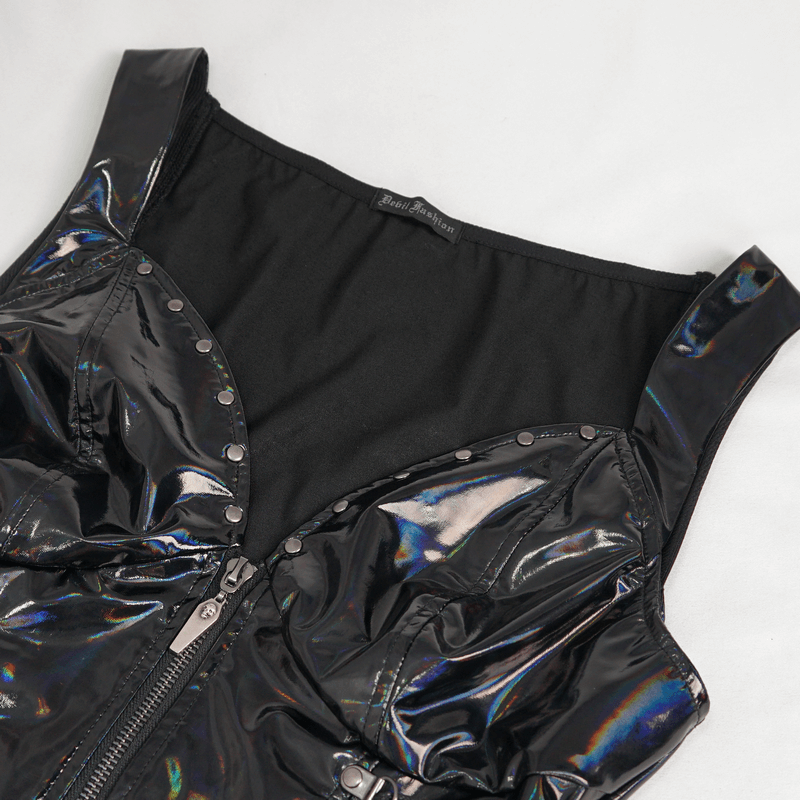Close-up of a shiny black PU leather women's waistcoat with buttons and zipper detail in punk style.