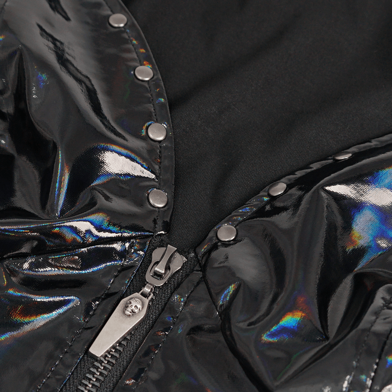 Close-up of a stylish black PU leather zipper with studs on a women's punk waistcoat.