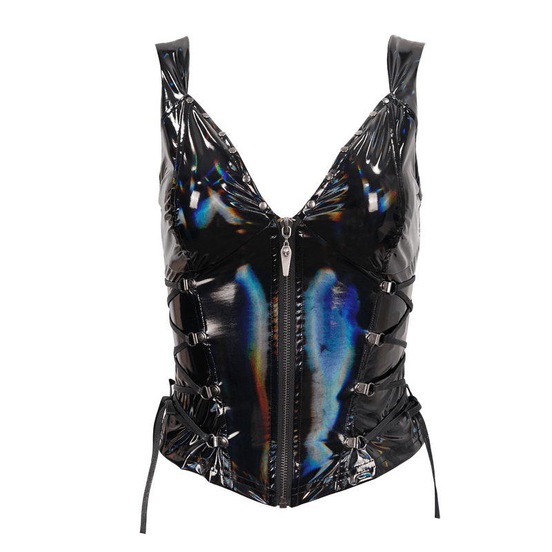 Stylish women's punk waistcoat in glossy black PU leather with deep V-neck and zipper detail.