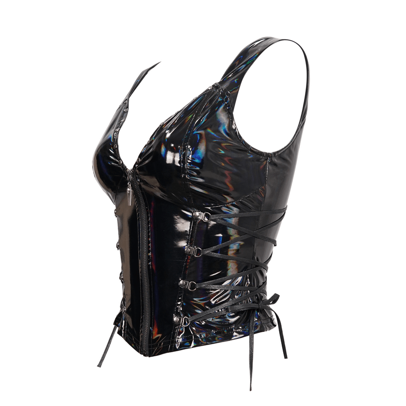 Stylish women's punk PU leather zipper waistcoat with deep V-neck and lace-up details in glossy black.