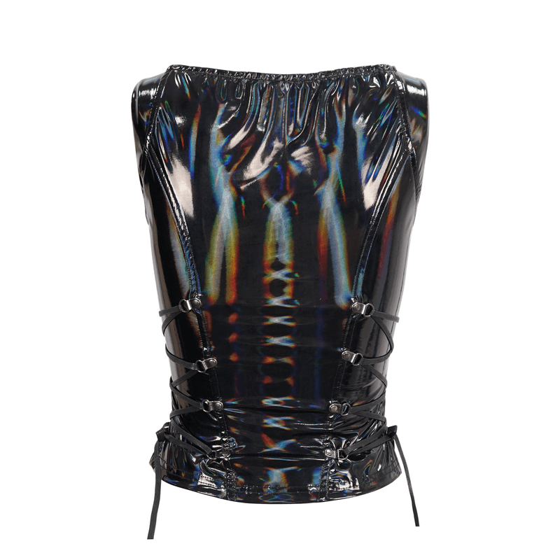 Sleek black PU leather waistcoat with shiny finish and lace-up sides, perfect for a punk style wardrobe.