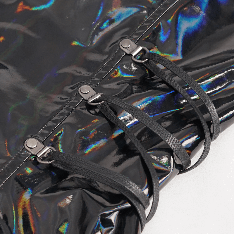 Close-up of the shiny black PU leather waistcoat showing stylish zipper details and laces, perfect for punk fashion.