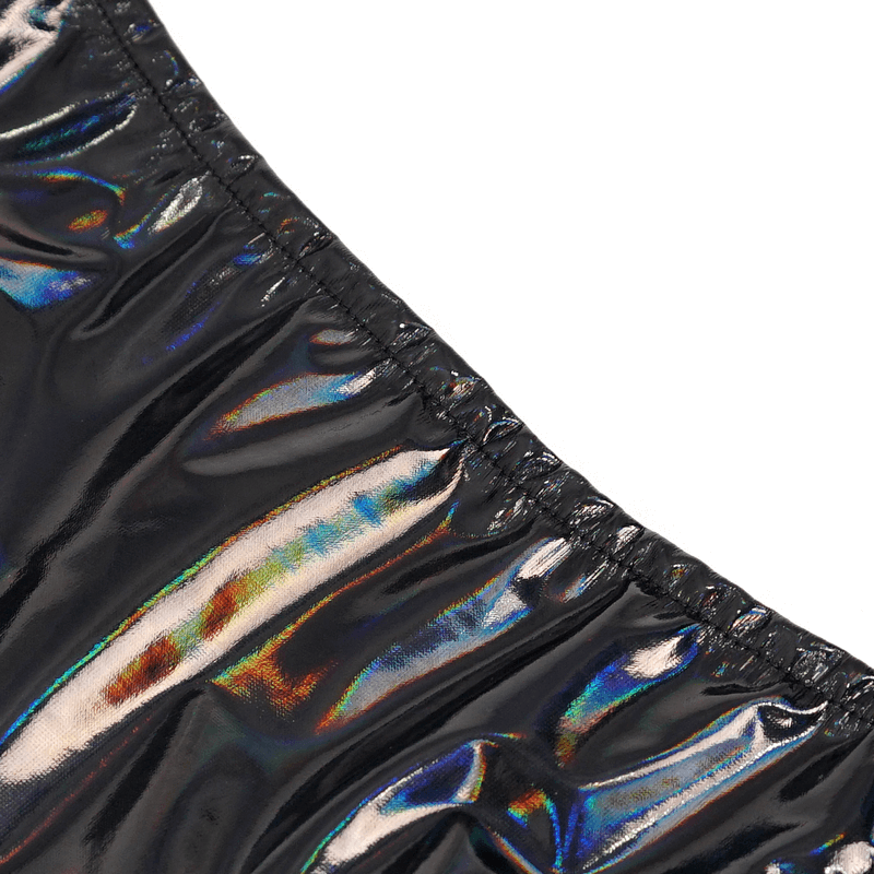 Close-up of shiny PU leather with colorful iridescent sheen, perfect for punk and goth fashion.