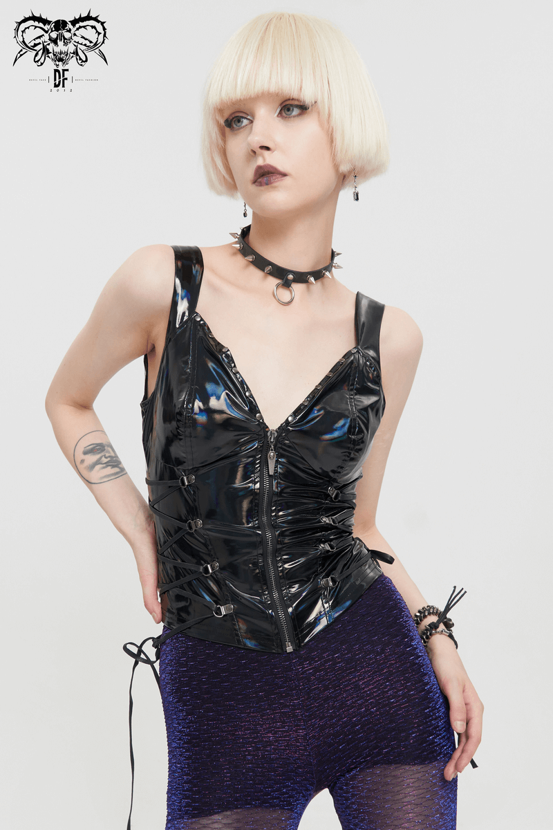 Women's punk PU leather zipper waistcoat with deep V-neck, stylish Gothic fashion, perfect for edgy wardrobe.