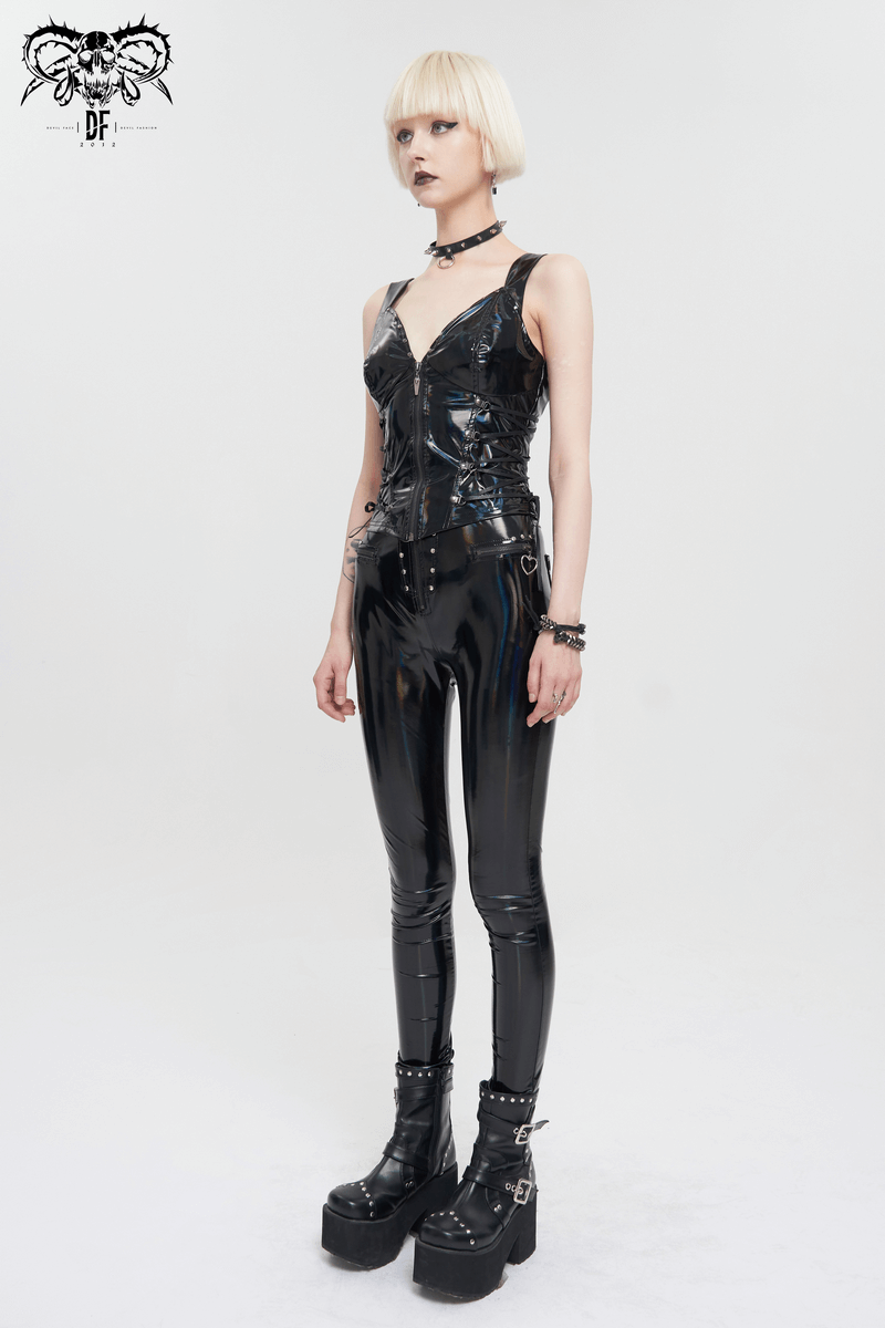 Punk PU Leather Zipper Waistcoat For Women / Female Deep V-neck Waistcoat in Goth Style