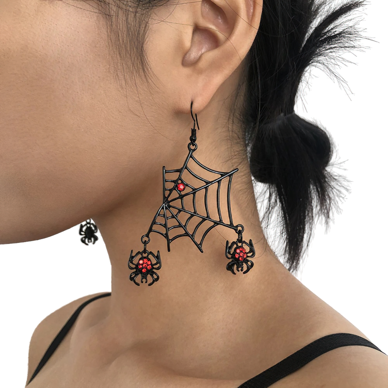 Punk red rhinestone spider earrings with webs, gothic dangle earrings for a bold fashion statement.