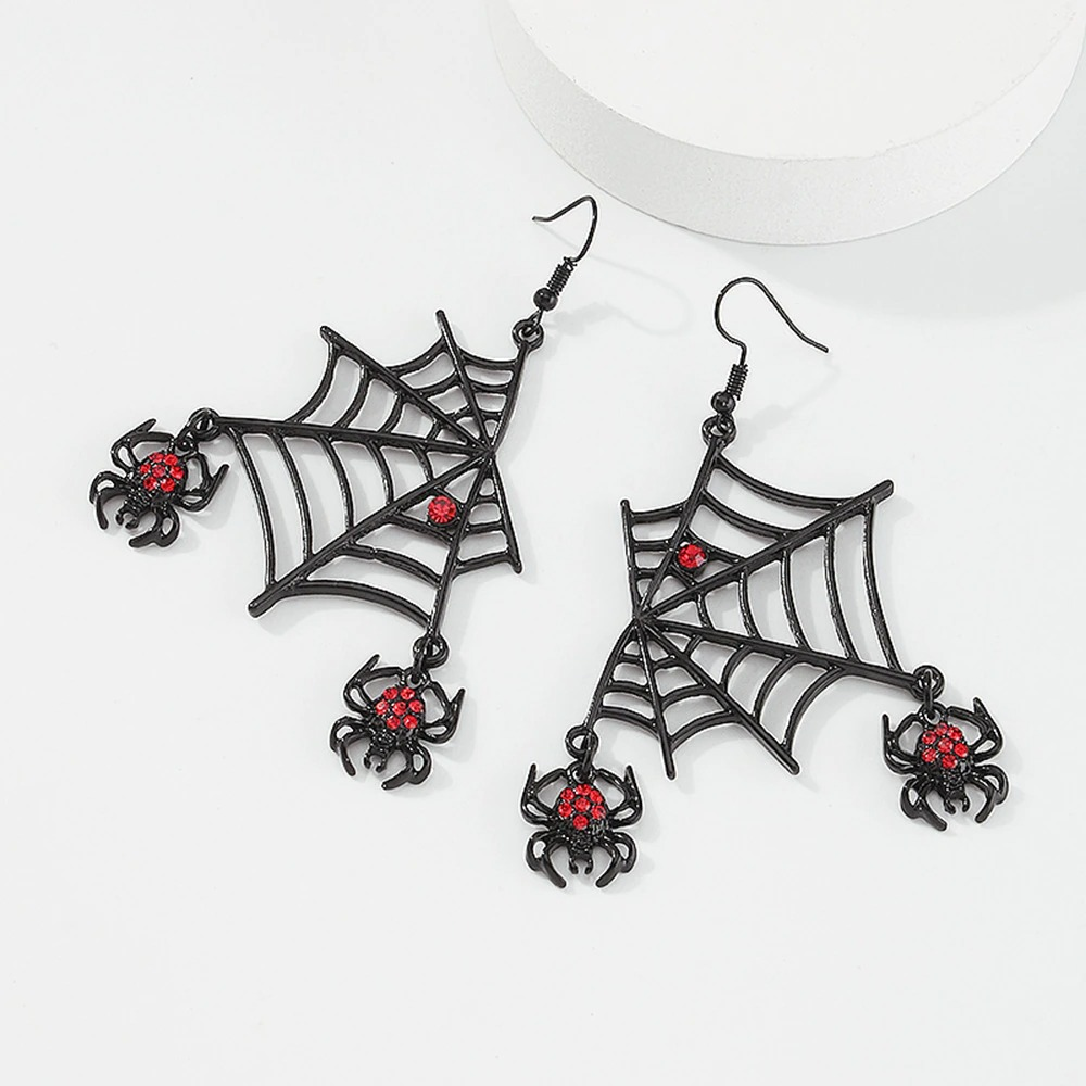 Punk red rhinestone spider earrings with black web design, perfect gothic fashion accessories for unique style.