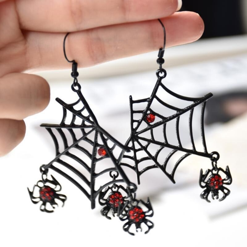 Punk red rhinestone spider earrings with black web design, perfect gothic fashion accessories for a striking look.