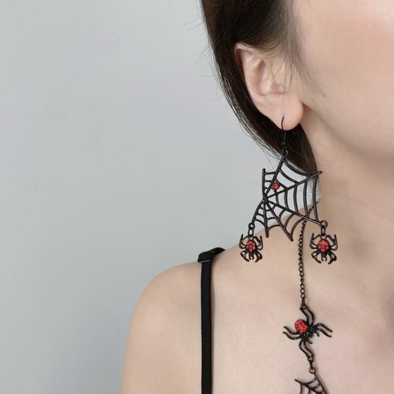 Gothic black spider earrings with red rhinestones, perfect for trendy fashion and adding flair to any outfit.