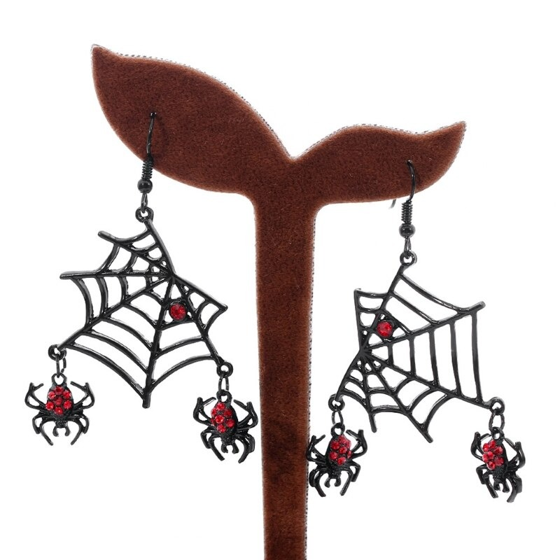 Gothic black spider earrings with red rhinestones and spiderweb design, perfect fashion accessories for a punk look.