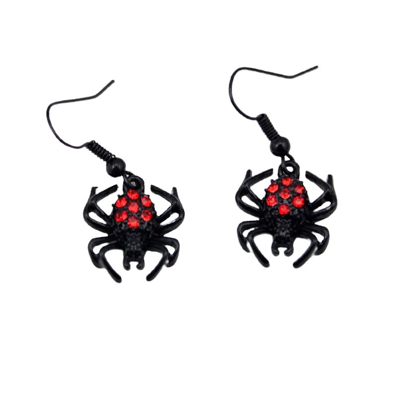 Punk red rhinestone spider earrings perfect for Halloween fashion, adding a gothic touch to any outfit.