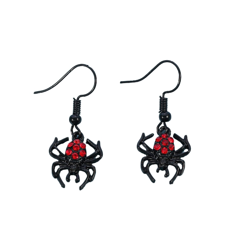 Punk black spider earrings with red rhinestones, perfect for gothic fashion and Halloween accessory.
