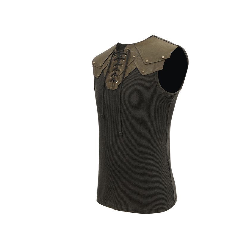 Punk Ribbed Sleeveless Tank Top / Elastic T-shirt with Imitation Leather Application