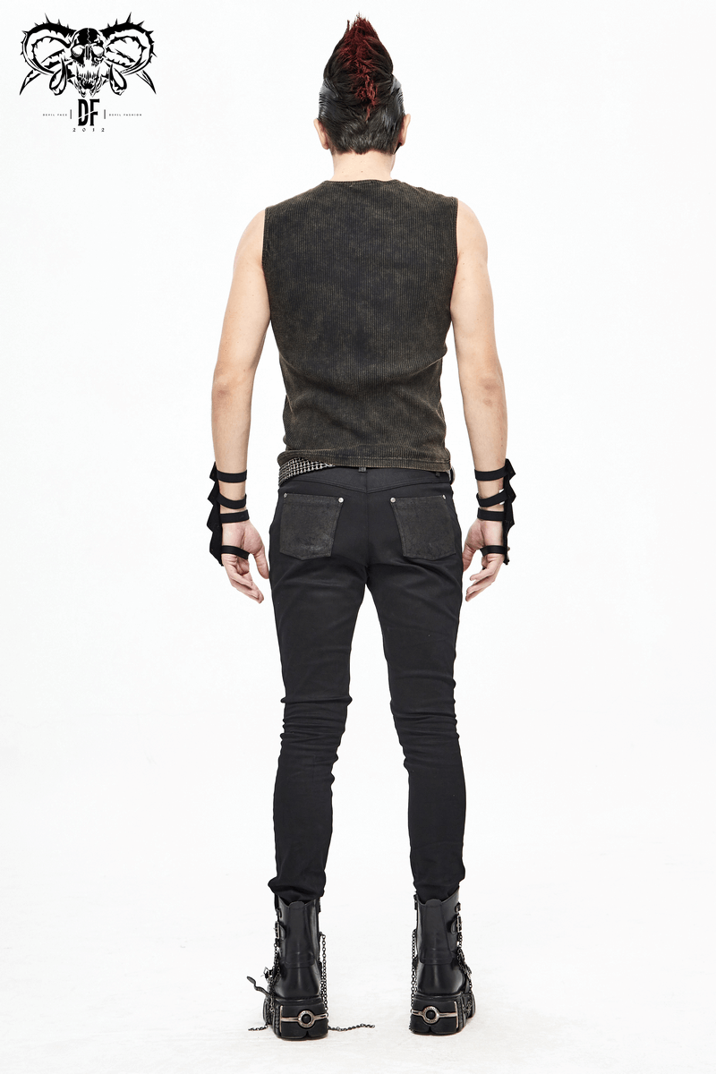 Punk Ribbed Sleeveless Tank Top / Elastic T-shirt with Imitation Leather Application