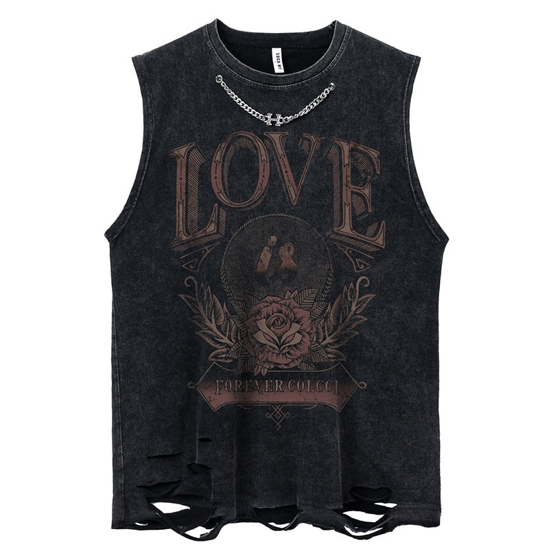 Punk Ripped Tank Top with Chain / Letter Rose Printed Vintage Loose Tops