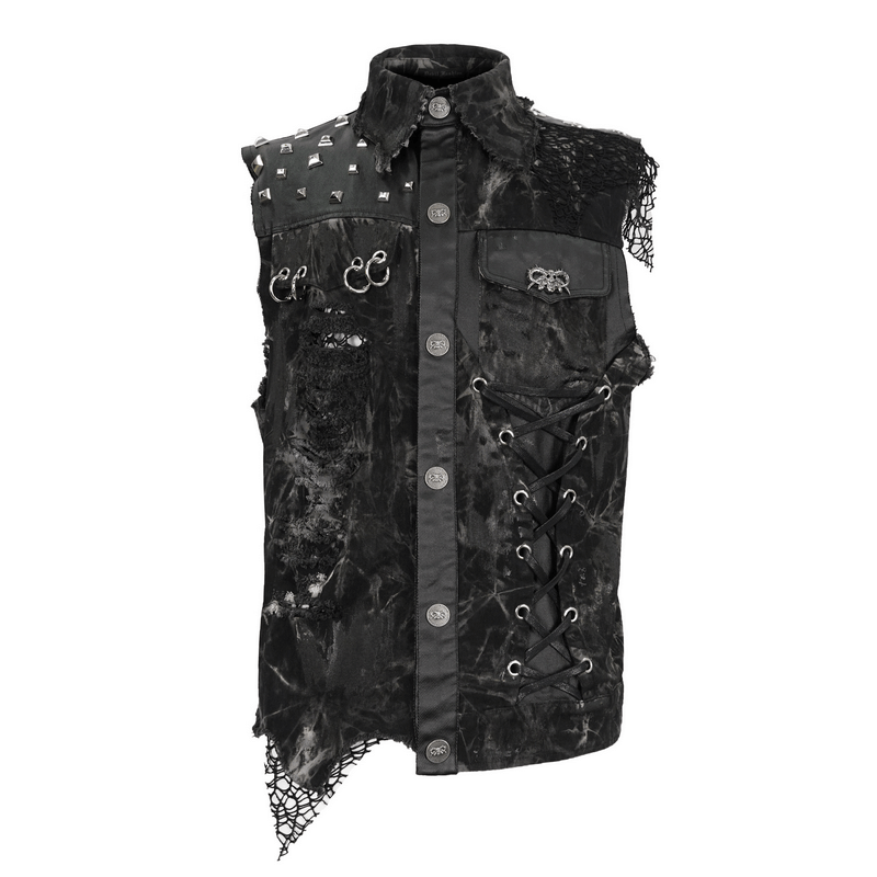 Punk rock asymmetrical distressed waistcoat with gothic mesh, rivets, and pocket for edgy style.
