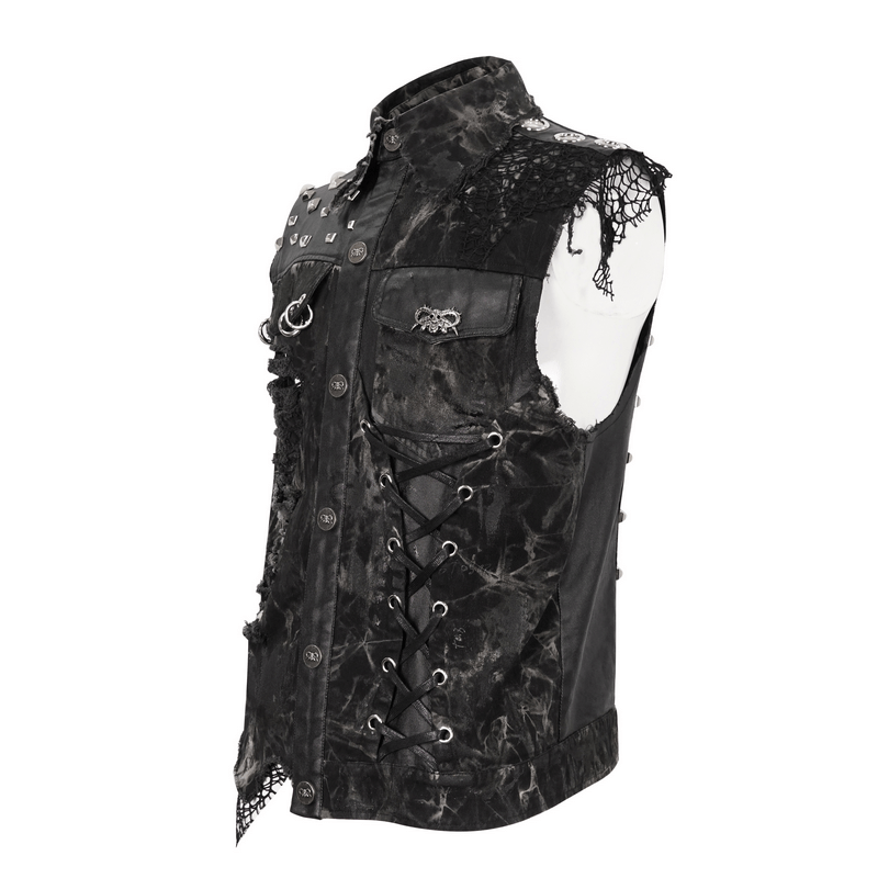 Punk rock asymmetrical distressed waistcoat with gothic mesh, rivets, and pocket for an edgy style.