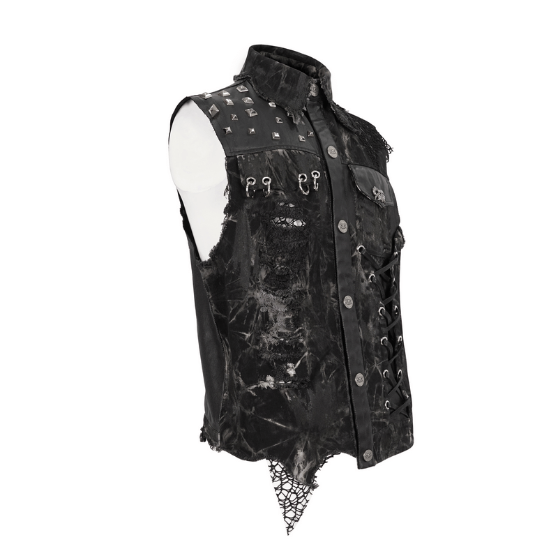 Punk rock asymmetrical distressed waistcoat with gothic mesh rivets and pocket, showcasing edgy style.