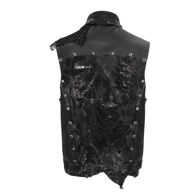 Punk Rock Asymmetrical Distressed Waistcoat / Gothic Mesh Rivets Vest with Pocket