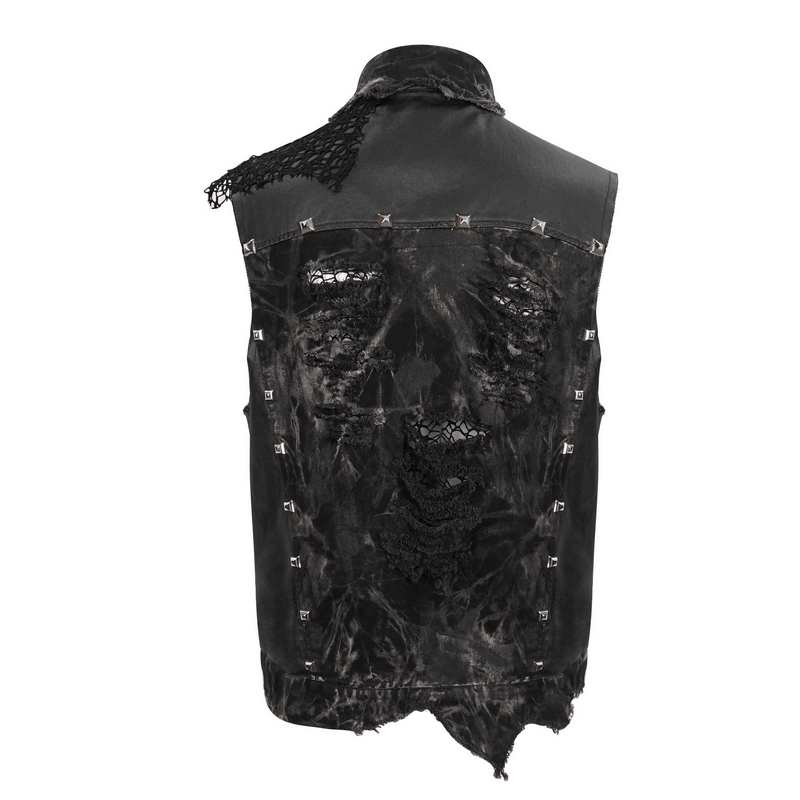 Asymmetrical distressed punk rock waistcoat with gothic mesh rivets and pocket, back view showcasing unique design.