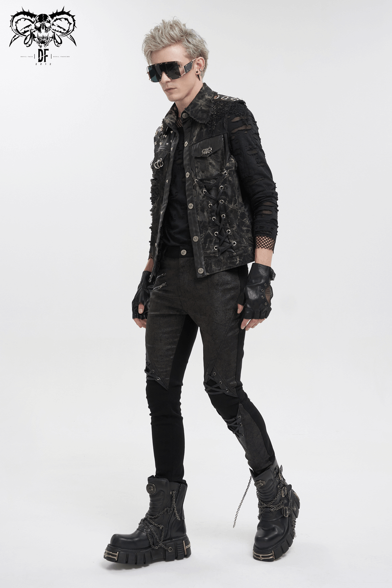 Punk Rock Asymmetrical Distressed Waistcoat / Gothic Mesh Rivets Vest with Pocket