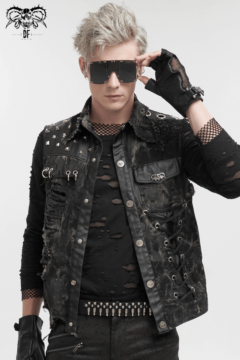 Punk rock model showcasing an asymmetrical distressed waistcoat with rivets and sunglasses, exuding edgy gothic style.