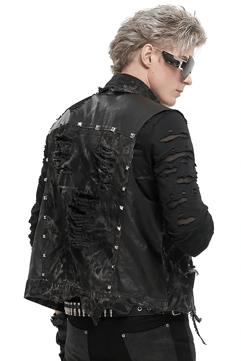 Punk rock asymmetrical distressed waistcoat with gothic mesh rivets and pocket, showcasing a stylish rebel vibe.