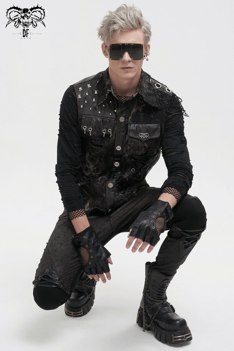 Punk rock model in an edgy distressed waistcoat, featuring rivets and sunglasses for a rebellious gothic look.
