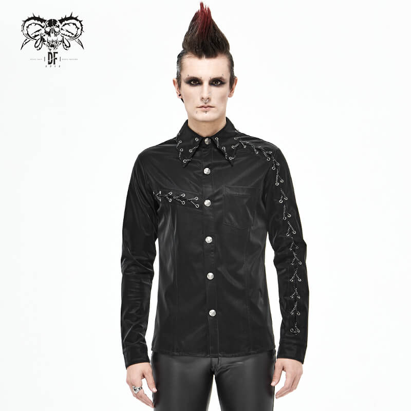 Punk Rock Back Long Sleeve Shirt For Men / Male Shiny Shirts with Chains - HARD'N'HEAVY