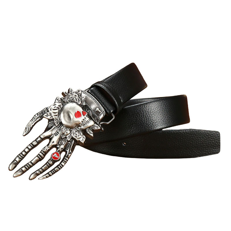 Punk rock PU leather belt featuring a silver skull claw buckle with red heart details, stylish for men and women.