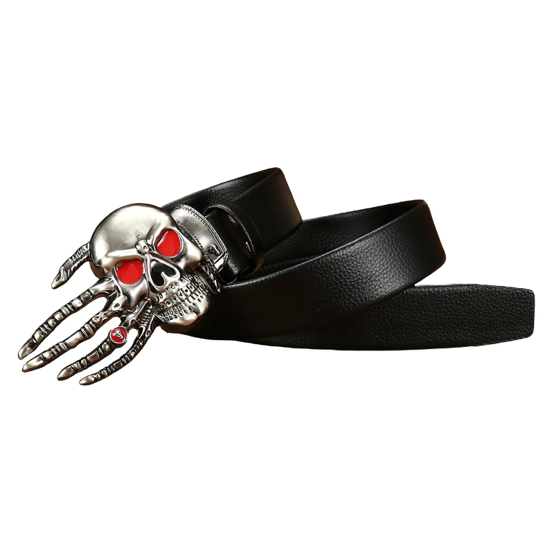 Punk rock PU leather belt with silver skull claw buckle and red accents, perfect for edgy fashion lovers.