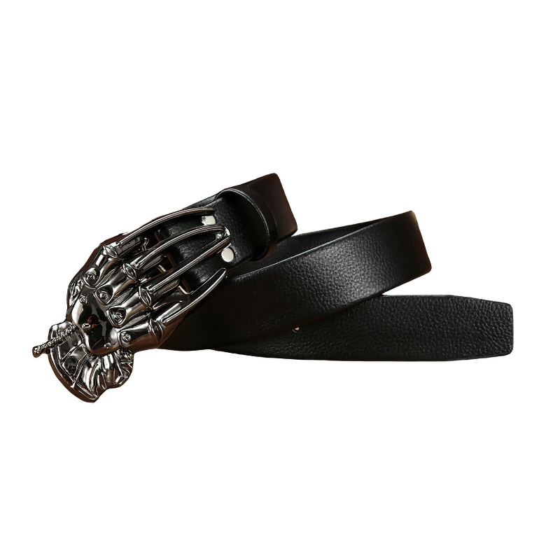 Punk rock PU leather belt with silver skeleton claw buckle, stylish accessory for men and women.