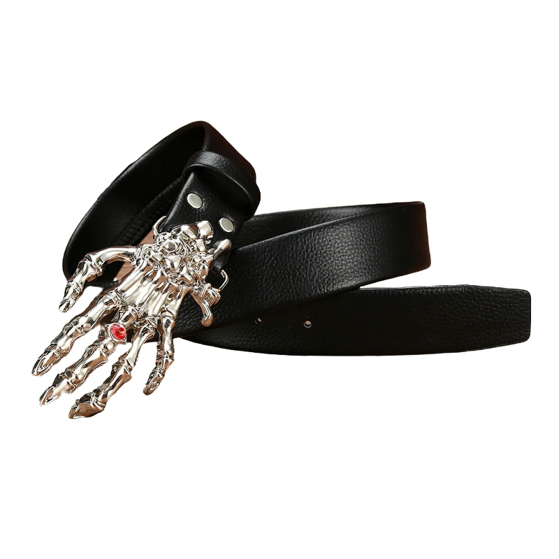 Punk rock PU leather belt with silver skeleton hand buckle and red accent, perfect for edgy outfits.
