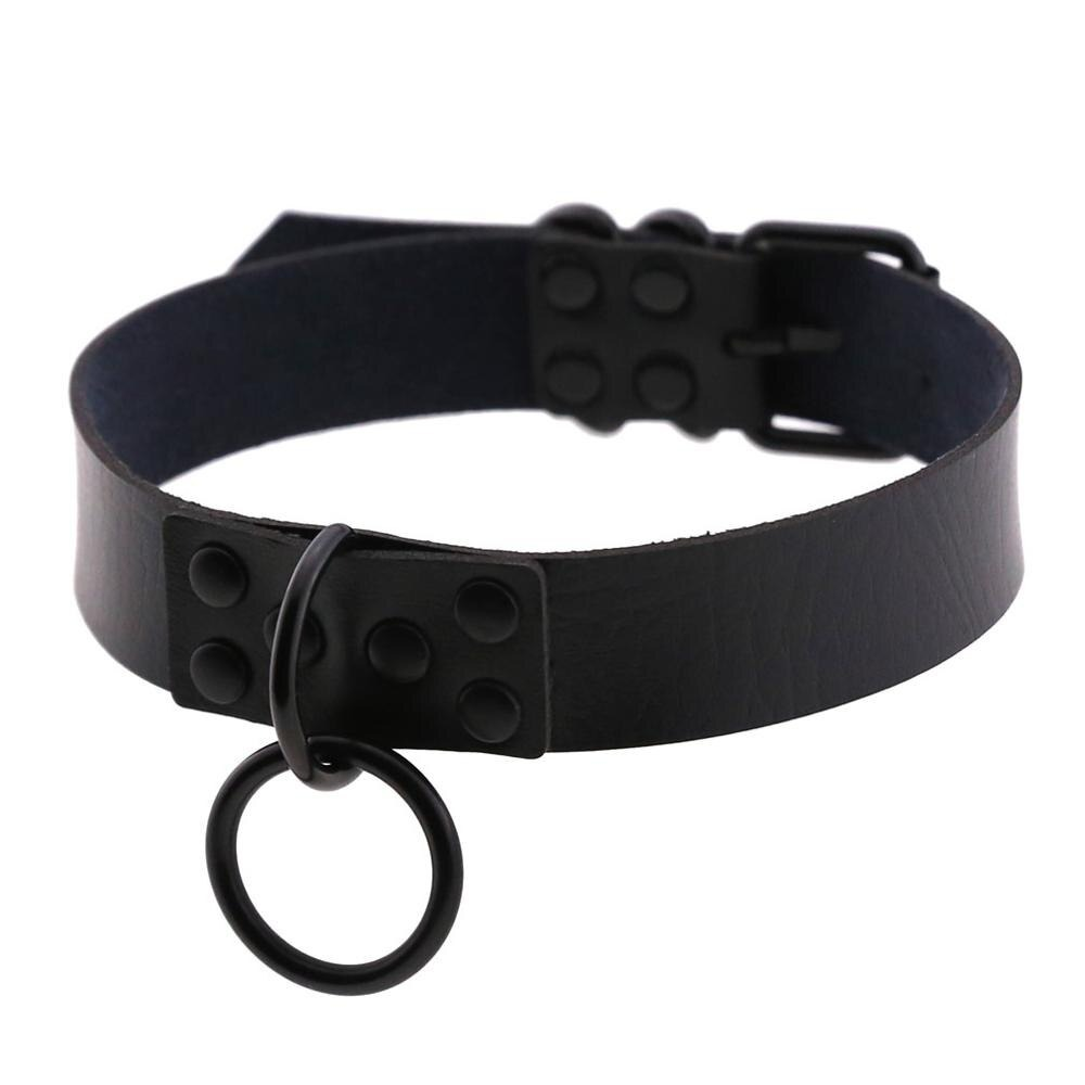 Punk rock gothic choker necklace in black PU leather with zinc alloy details, featuring a round ring and stylish studs.