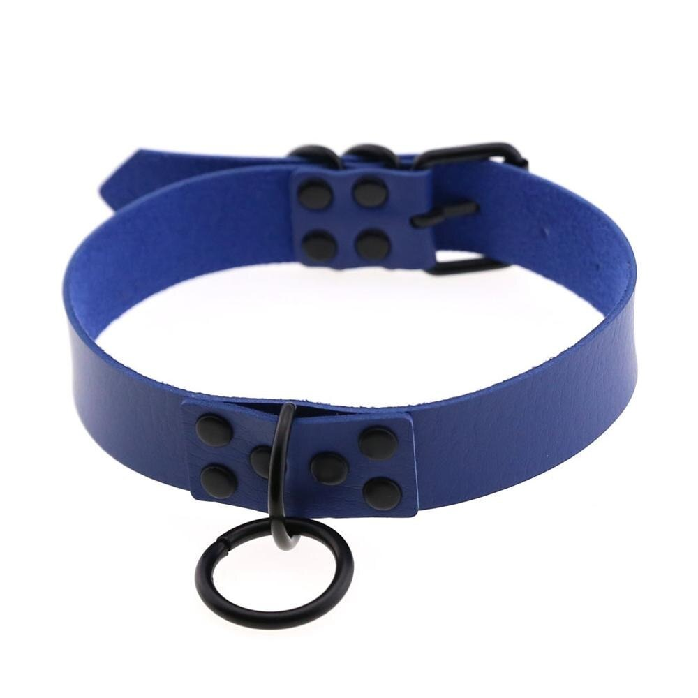 Blue punk style choker necklace made of PU leather with decorative studs and metal ring, perfect for gothic fashion outfits.