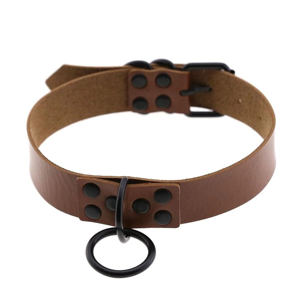 Punk rock style brown PU leather choker necklace with metal studs and ring detail, perfect for gothic fashion.