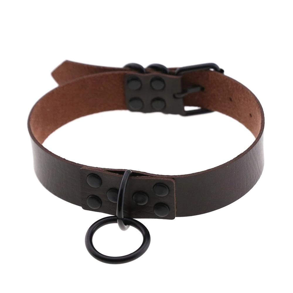 Punk rock gothic choker necklace made of dark PU leather with zinc alloy details and an adjustable clasp.
