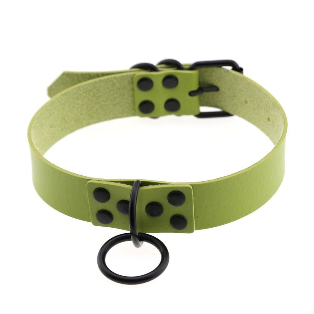 Green punk collar choker necklace with black studs and ring detail, perfect for a bold fashion statement.