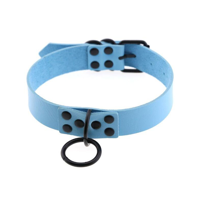 Blue punk rock choker necklace made of PU leather with black studs and metal ring, perfect for gothic fashion.